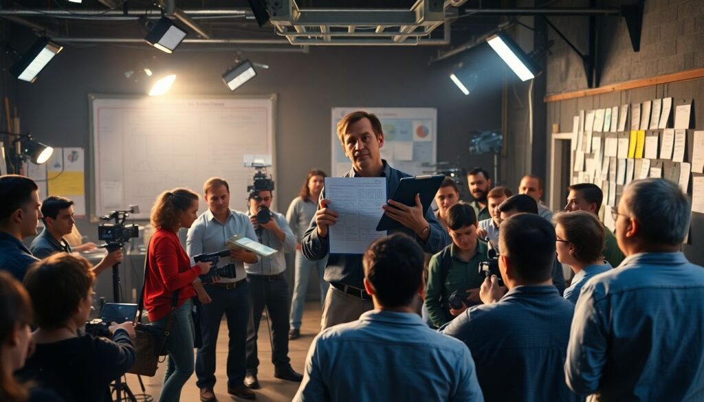 День на съёмочной площадке: рабочий график актёров, режиссёра и съёмочной группы - иллюстрация