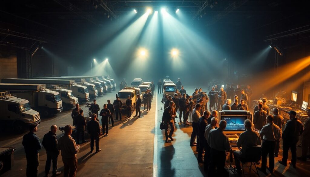 День на съёмочной площадке: рабочий график актёров, режиссёра и съёмочной группы - иллюстрация